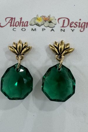 Crystal Emerald Green Majestic Cuts on Antique Gold Plated Pewter Lotus Posts