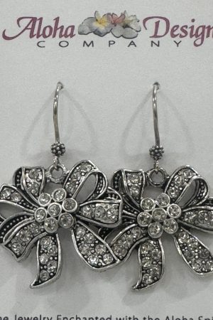 Silver Plated Pewter Bows with Rhinestones on Bali Sterling Granulation Hooks